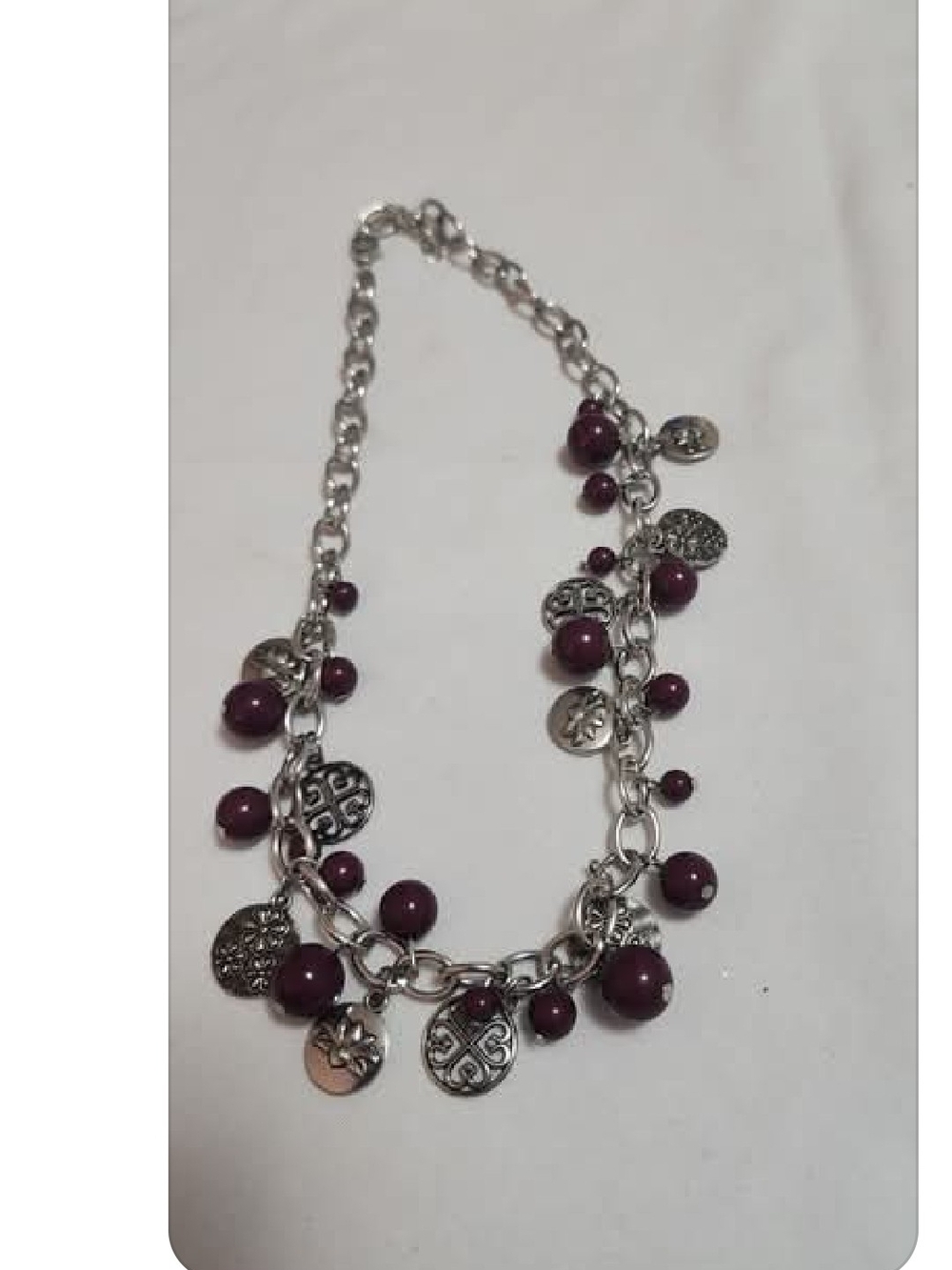 Silver Chain Necklace with Plum Beads and Decorative Discs